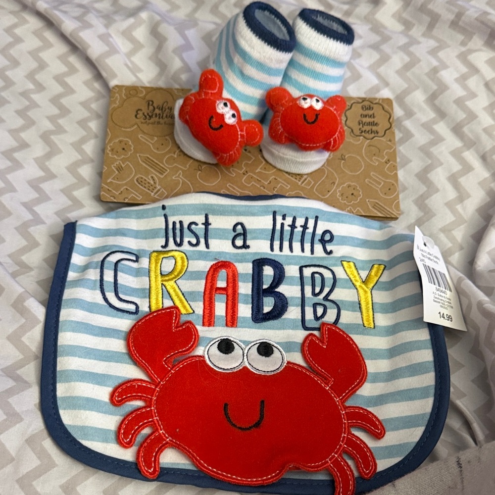 Baby Essentials Blue and Red Crabby Bib and Booties Set